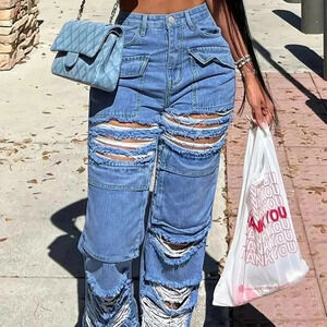 Ripped Holes Straight Jeans